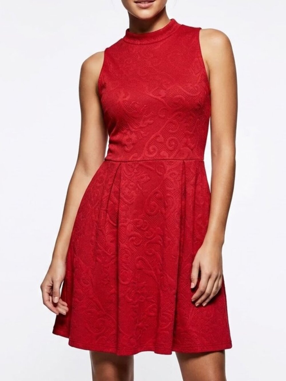 Everly Whimsigoth Red Textured Jacquard Mock Neck Keyhole Skater Mini Dress XS